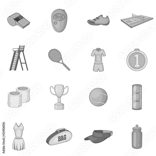 Tennis icons set. Gray monochrome illustration of 16 tennis vector icons for web