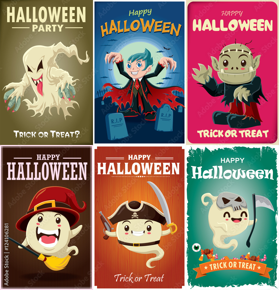 Vintage Halloween poster design set with vector vampire, witch, ghost, reaper, zombie, pirate character.
