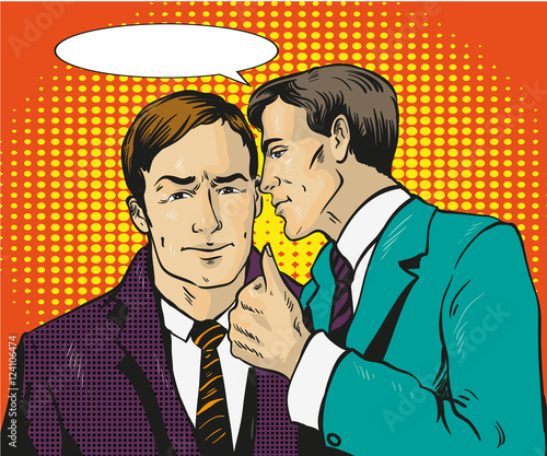 Pop art retro comic vector illustration. Two businessman talk to each other. Man tell business secret his friend. Speech bubble