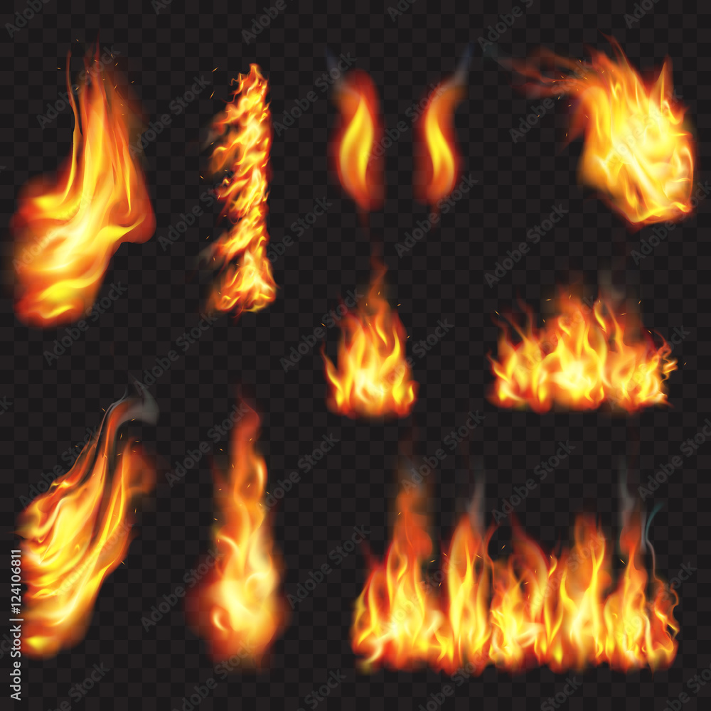 Realistic fire flames effect, vector illustration set. Realistic fire flames effect, vector illustration set.