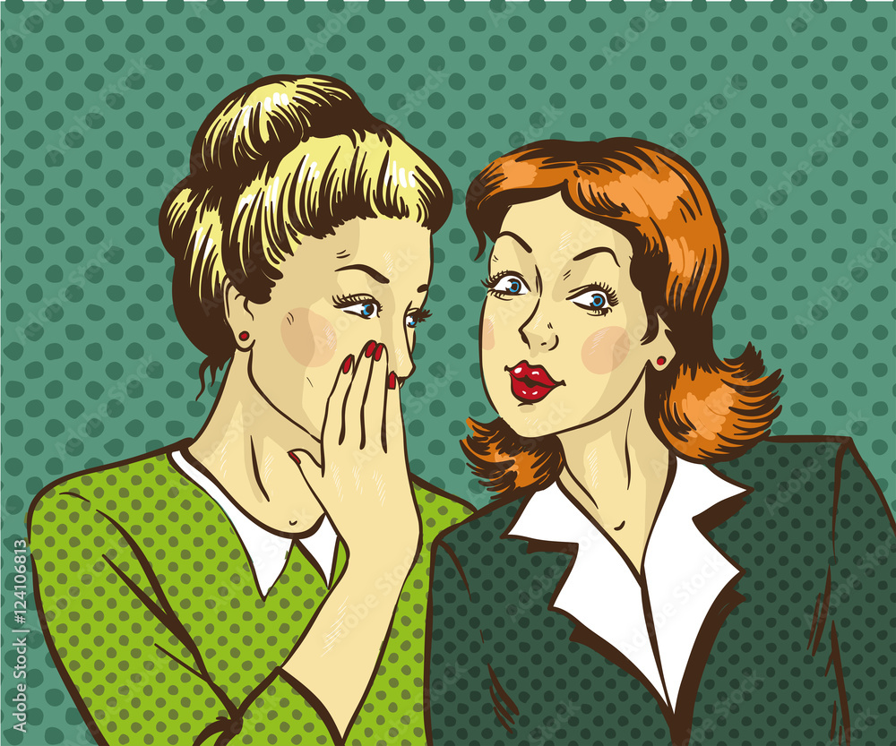 Pop art retro comic vector illustration. Woman whispering gossip or secret to her friend Pop art retro comic vector illustration. Woman whispering gossip or secret to her friend