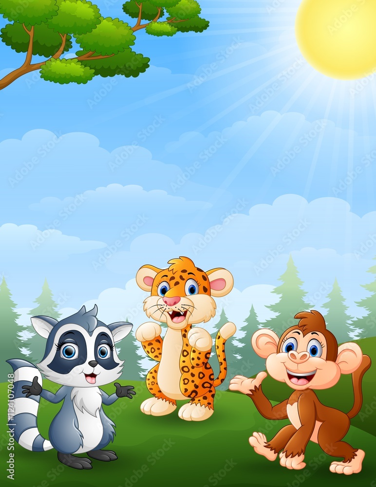 Naklejka premium Raccoon, tiger and monkey cartoon in the jungle 