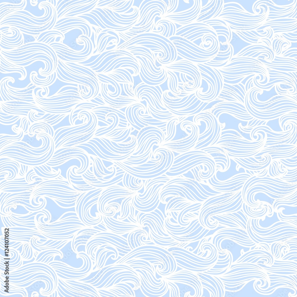 Blue vector background with hand drawn curly doodle waves. Blue vector background with hand drawn curly doodle waves.