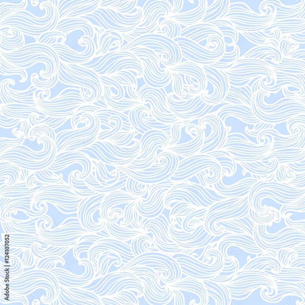 Blue vector background with hand drawn curly doodle waves.