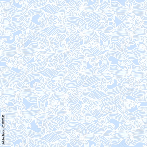 Blue vector background with hand drawn curly doodle waves.