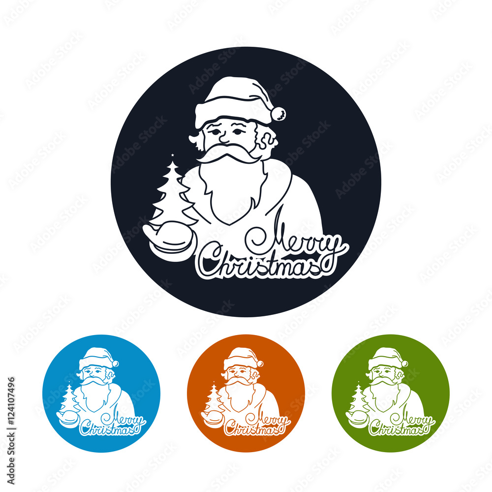 Santa Claus Holds in a Hand Christmas Tree, Merry Christmas ,Four Types of Colorful Round Icons Santa Claus, Vector Illustration