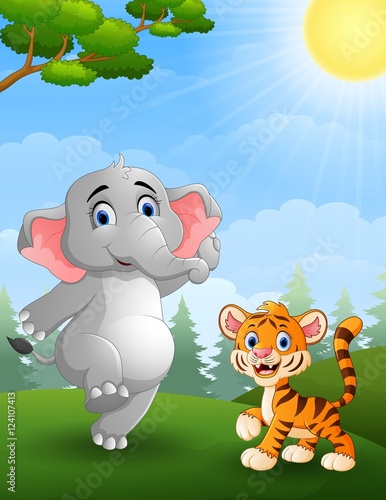 Elephant and tiger cartoon in the jungle 