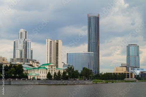 Yekaterinburg city center skyline and Iset river.
