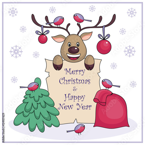 Greeting card merry Christmas and happy New Year with the image of funny deer.