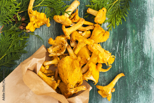Raw chanterelles over wooden background