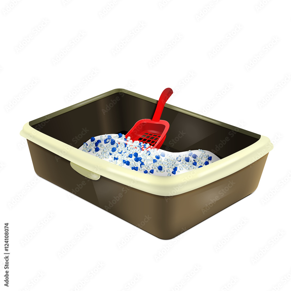 Cat litter box. Plastic catbox filled with crystal litter