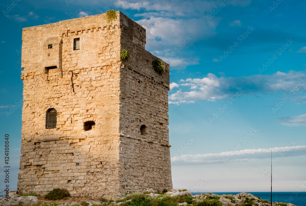 Coastal watchtower in Marina Serra, Tricase, Lecce, Puglia, Italy.