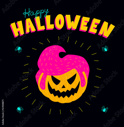 Halloween greeting card. Vector illustration of a pumpkin with a male rockabilly hairstyle. Vibrant colors on a black background, square format.
