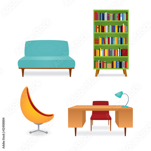 Vector illustration, a collection of 70s style furniture. Bookcase full of books, couch, writing desk and armchair. Isolated on white.