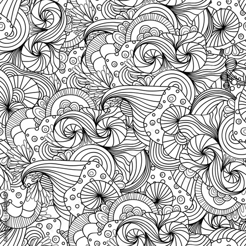 Doodle black and white abstract hand drawn vector background. Wavy zentangle style seamless pattern.
