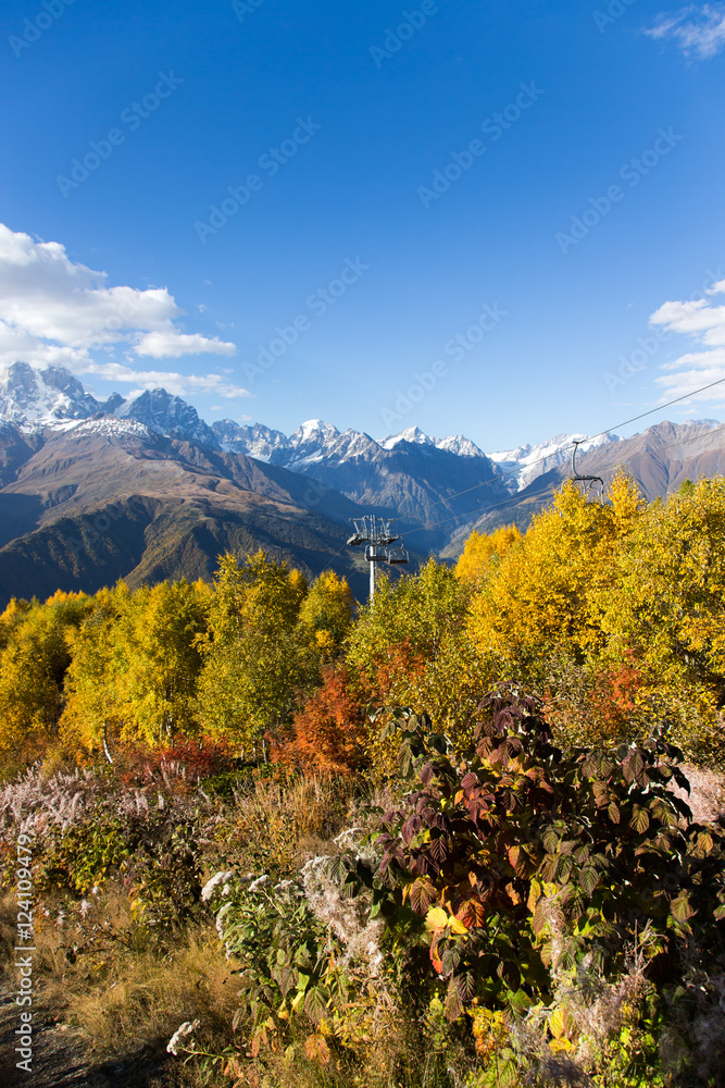Plakat Beautiful autumn mountain landscape in Svaneti. Georgia
