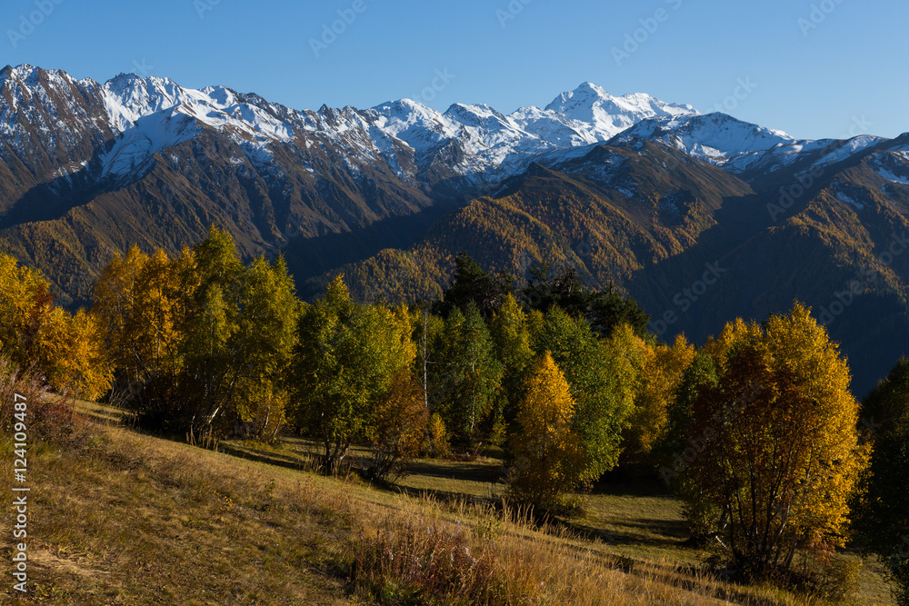 Beautiful autumn mountain landscape in Svaneti. Georgia