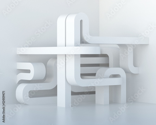 3d illustration. Abstract white three-dimensional architectural composition, background. Image and association: data transmission, pipeline, labyrinth, communications hub. Render.