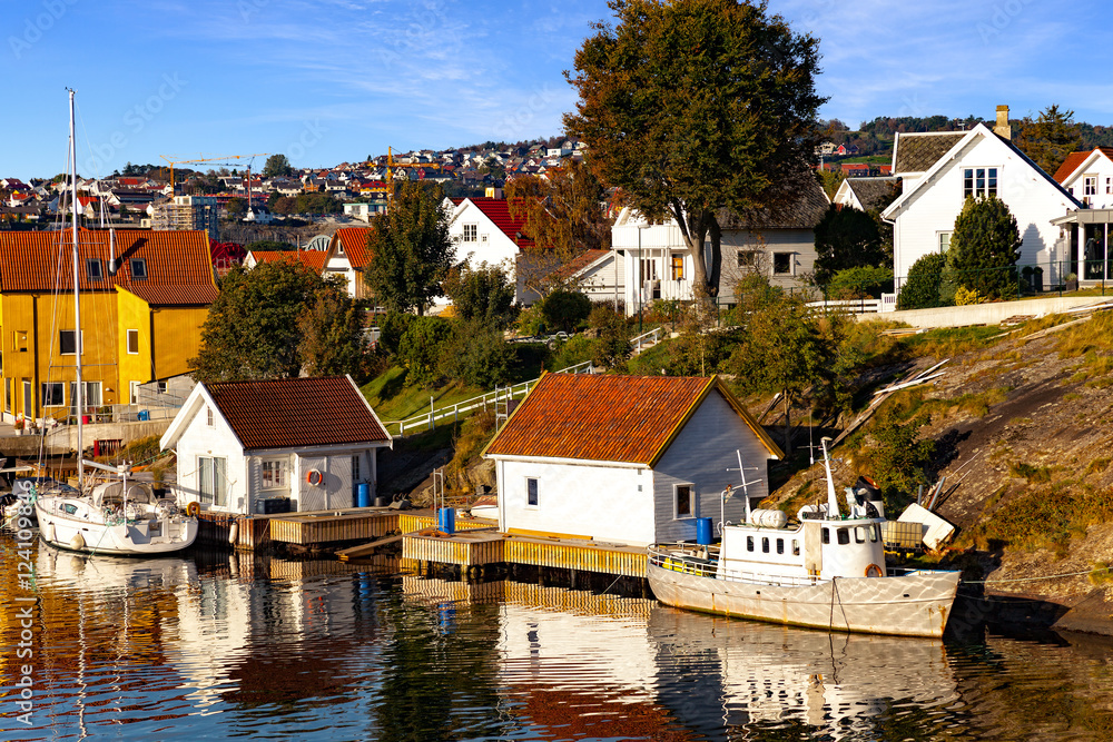 Small fishing harbor at morning in Stavanger, Norway.