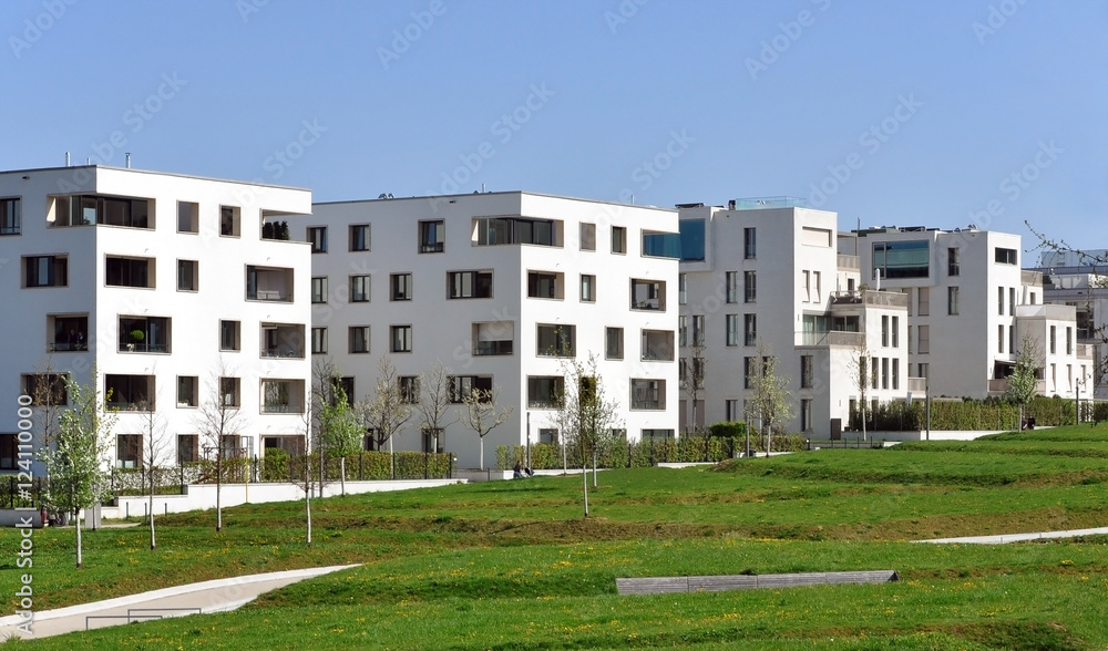 Row of white residential buildings with balconies and rectangular windows on a background of blue sky and green grass.
