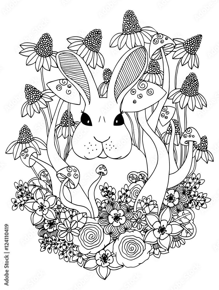 Fototapeta premium Vector illustration zentangl, hare sitting in a flower frame . Doodle drawing. Coloring book anti stress for adults. Meditative exercises. Black white.