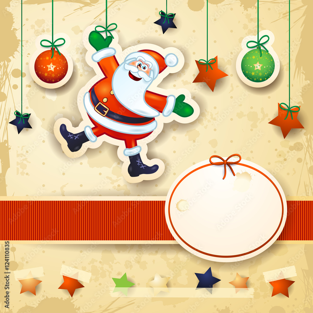 Christmas background with happy Santa and oval label Stock Vector