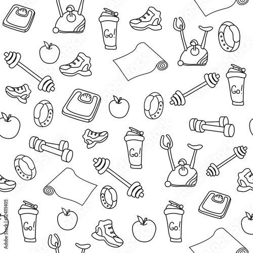 Hand drawn fitness equipment doodles. Gym seamless pattern on white background.. An apple, sneaker, sport watch, dumbbells, mats, scales, a barbell, a cycle and a shaker. Vector EPS10 illustration.