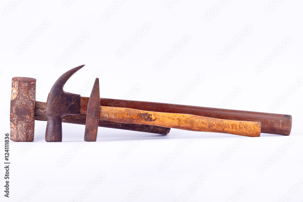 old Traditional curved claw hammer and Tack hammer and Sledge hammer used on white background