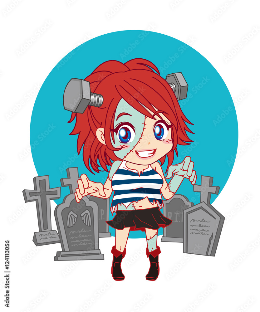 ハロウィン フランケンシュタイン女の子キャラ 墓地 背景カラーあり Stock Vector Adobe Stock