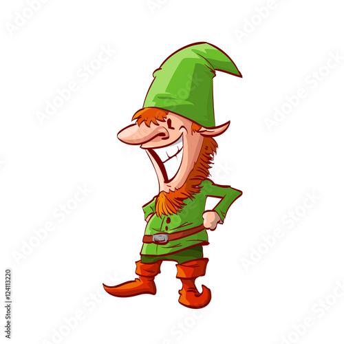 Colorful vector illustration of a christmas elf or dwarf with green clothes and red beard and hair