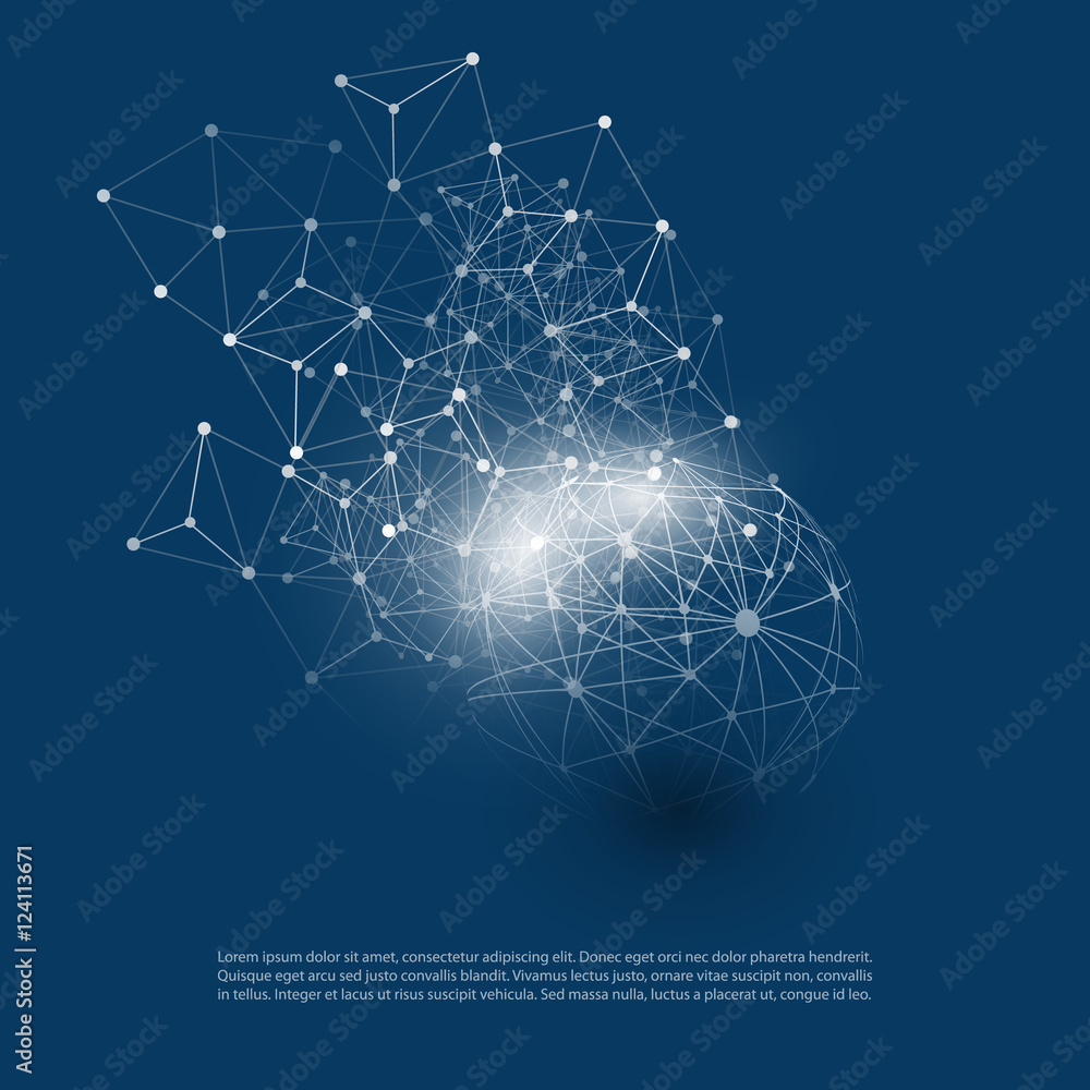 Abstract Cloud Computing and Global Network Connections Concept Design with Transparent Geometric Mesh, Wireframe Sphere - Illustration in Editable Vector Format