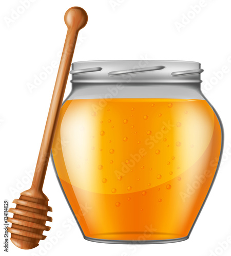 Jar of honey with wooden drizzler. Vector illustration.