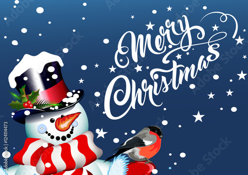 Merry Christmas, snowman and bullfinches of blue background. Lettering calligraphic text for your design