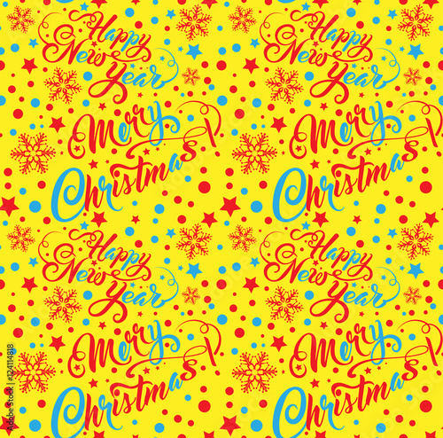 Vector seamless pattern. Merry Christmas and Happy New Year. Abstract background colorful calligraphic text for your design