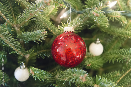 Christmas decorative red ball on a fir tree