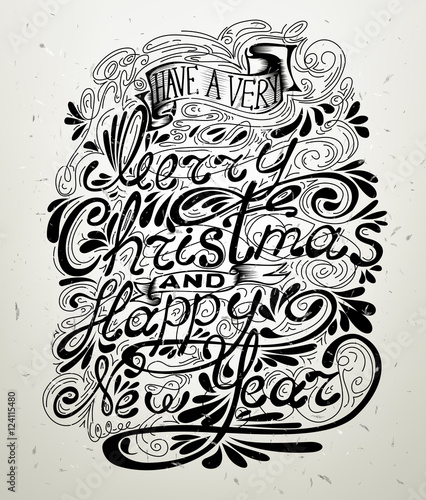 Merry Christmas and Happy New Year lettering design message.