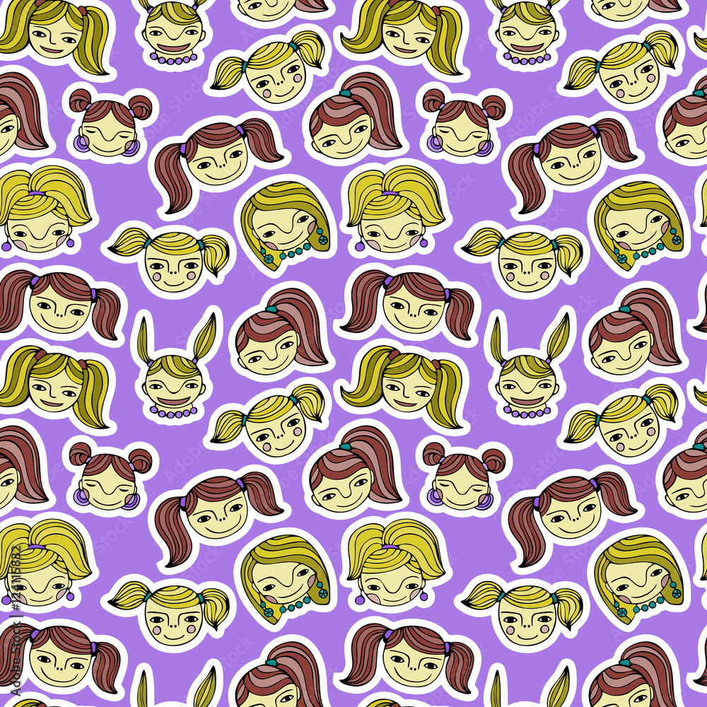 Set of cute cartoon girls.Colorful vector seamless pattern.