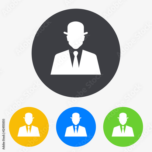 Icono plano silueta hombre con bombin en circulo varios colores