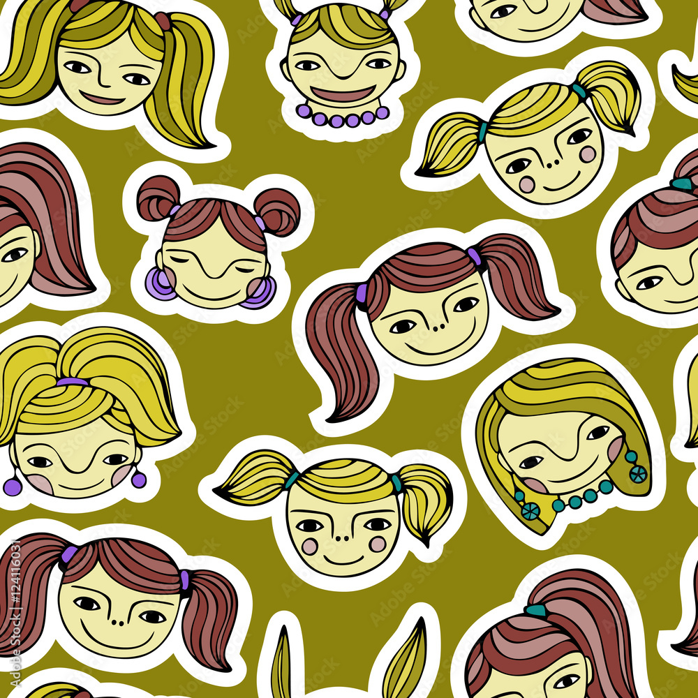 Set of cute cartoon girls.Colorful vector seamless pattern.