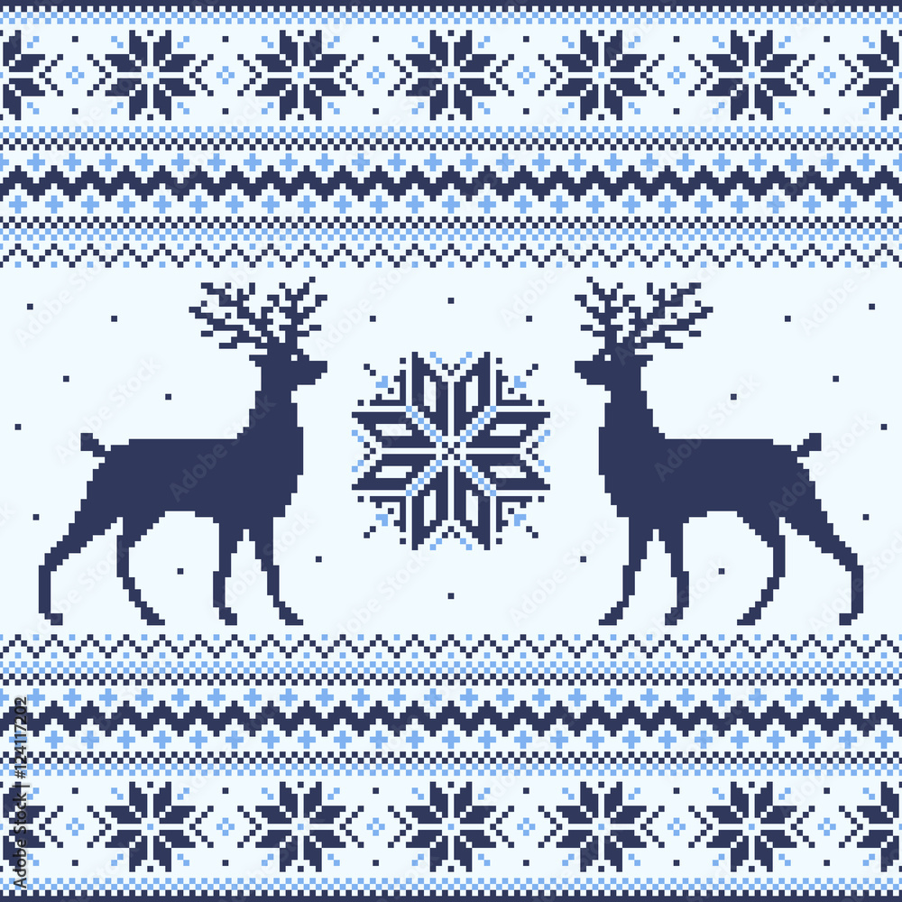 Blue winter pixel background with deer and snowflakes