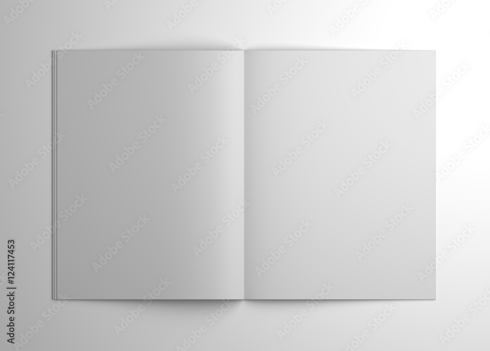 Blank 3D illustration open brochure or magazine isolated on gray. Blank 3D illustration open brochure or magazine isolated on gray.