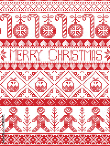 Scandinavian style and Nordic culture inspired Merry Christmas seamless card with  winter pattern including gingerbread man, candy cane, bauble, Christmas Puddings, decorative ornaments,  in stitch 
