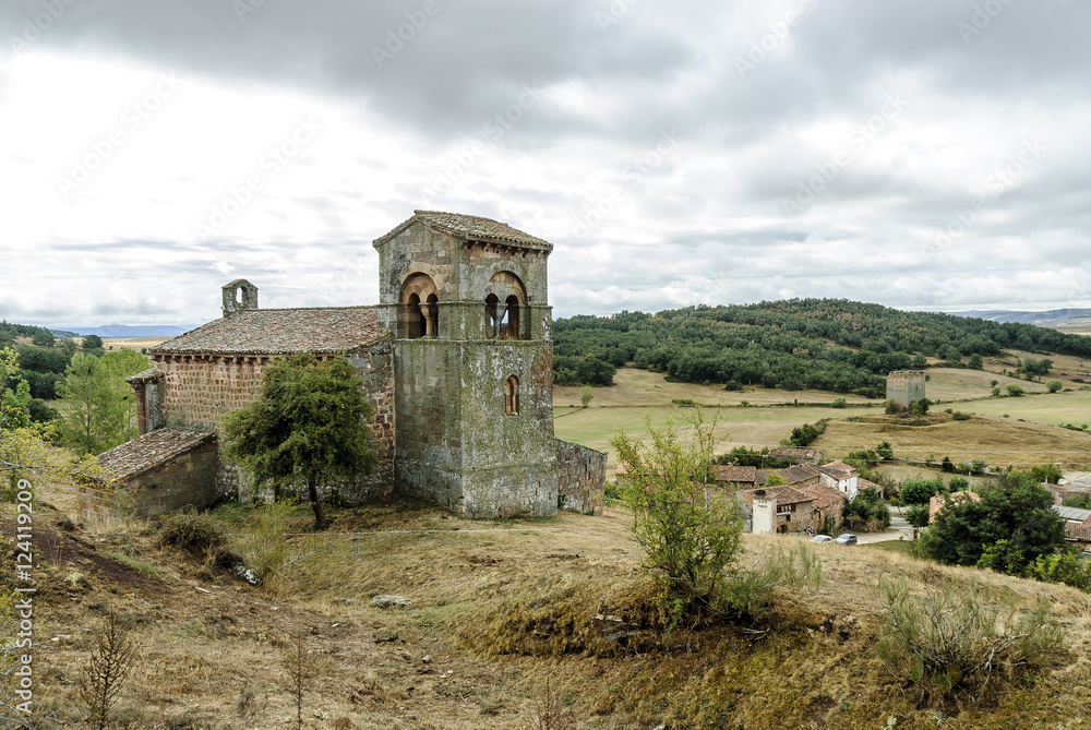sight of the Romanesque church of Santa Marina in villanueva of the tower in Palencia, Castile and León, Spain