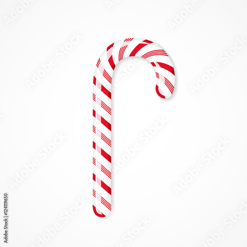 Vector Christmas candy cane on white background. Red striped peppermint stick.