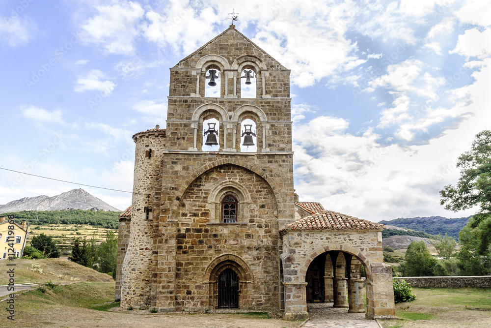 sight of the Romanesque collegiate church of San Salvador in Cantamuda, Palencia, Castile and León, Spain