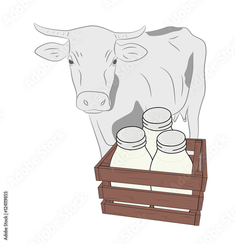 milk in glass bottles in the background cow. vector illustration.