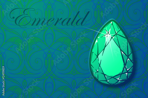 Detailed realistic drawing of a emerald gemstone on the luxury seamless texture background Template for greeting card, astrology article, business card or corporate design. EPS10 vector illustration
