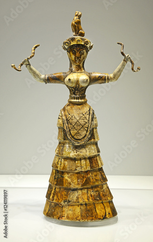 "Snake Goddess" from the Knossos Temple Repositories. Minoan palaces Knossos is the largest archaeological site of all the paleces in Mediterranean island of Crete.