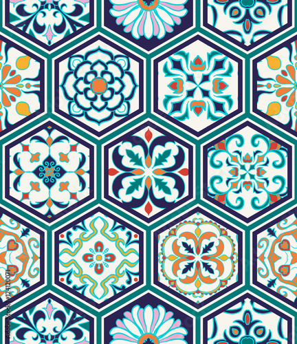 Vector seamless texture. Beautiful patchwork pattern for design and fashion with decorative elements in hexagon