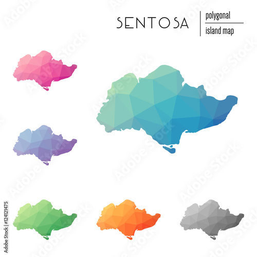 Set of vector polygonal Sentosa maps filled with bright gradient of low poly art. Multicolored island outline in geometric style for your infographics.